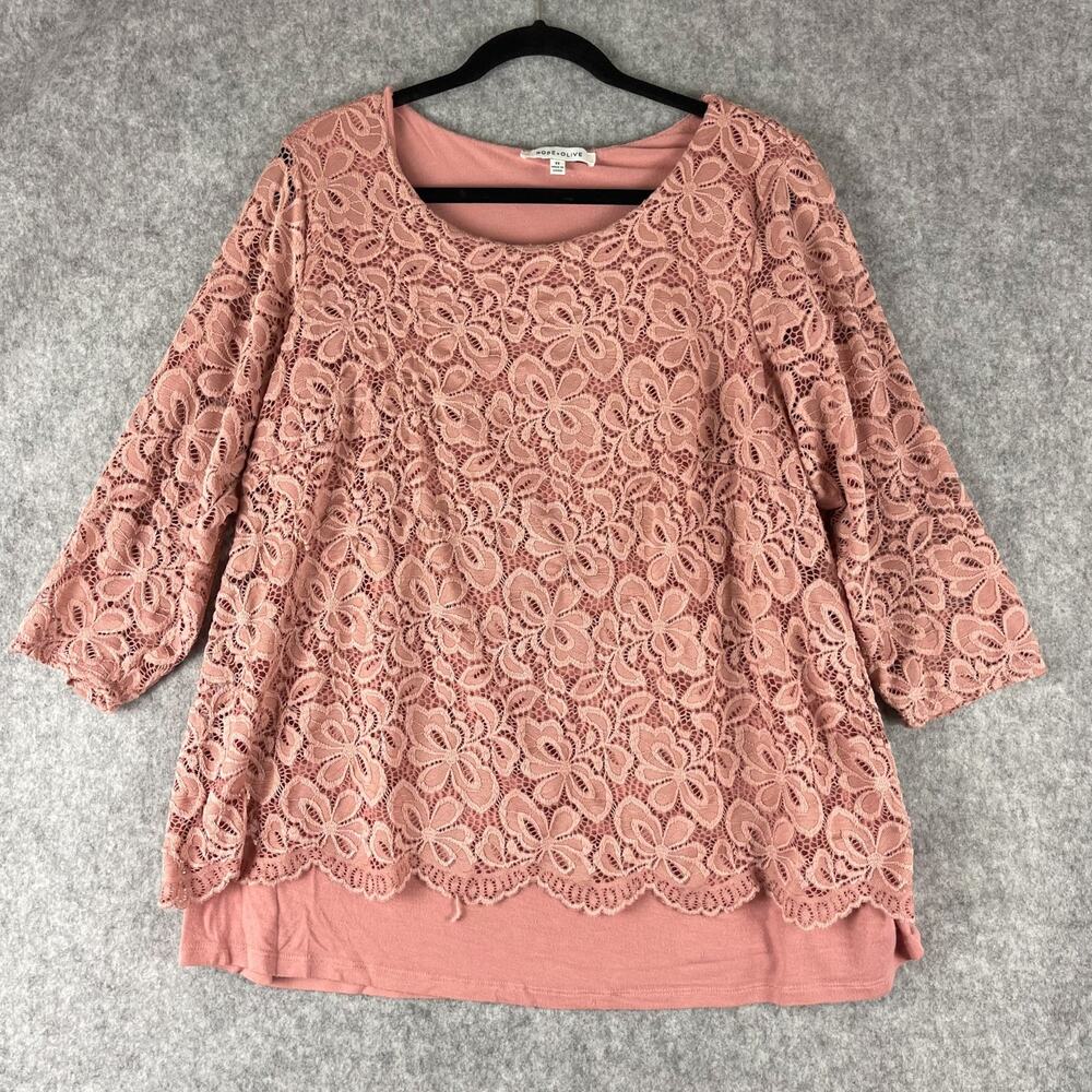 Rose Olive‎ Tunic Top Womens 2X Pink Crochet 3/4 Sleeve Floral Stretch Boho